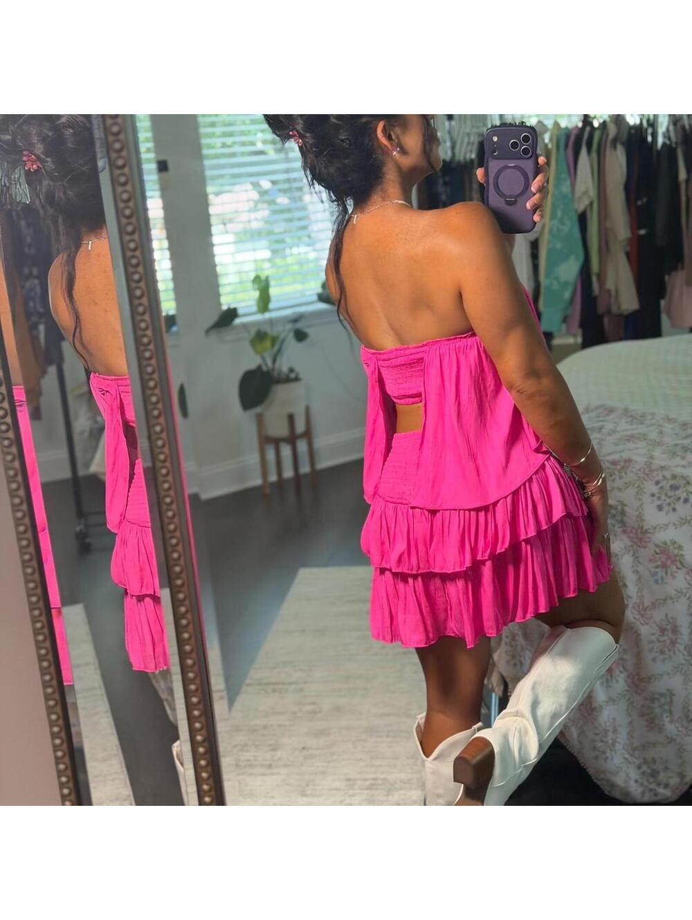 Hot Pink Strapless Ruffle Mini Dress | Barbiecore Summer Dress - Picture 5 of 7